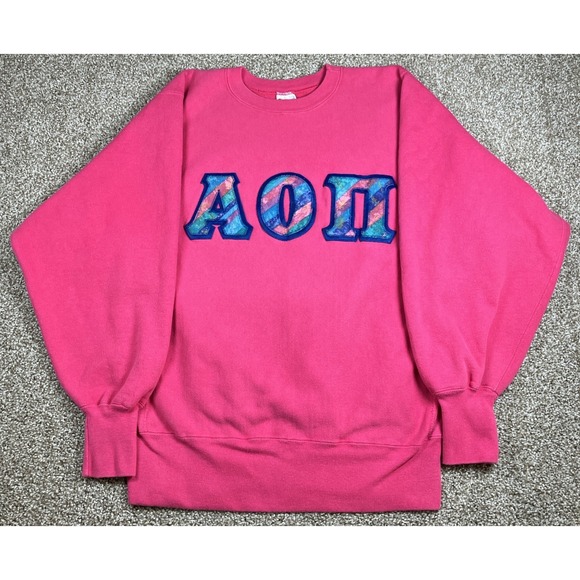 Champion Tops - Vintage Champion Reverse Weave Alpha Omicron Pi Crewneck Pink Sweatshirt Large